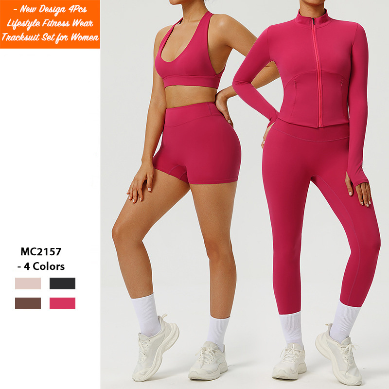 Tianchen New Design 4PCS Sleek and Functional Workout Clothes for Woman, Hip Lifting Running Shorts + Leggings+ Sports Bra + Yoga Jacket Chic Exercise Wear