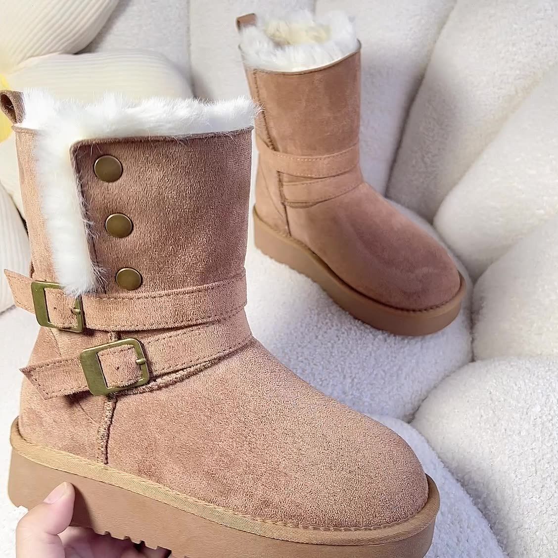 Winter Cotton for Martin Boots Goddess-Style Genuine Leather Fur Integrated Snow Cowhide Two-Way Leather Buckle Ankle Shoes