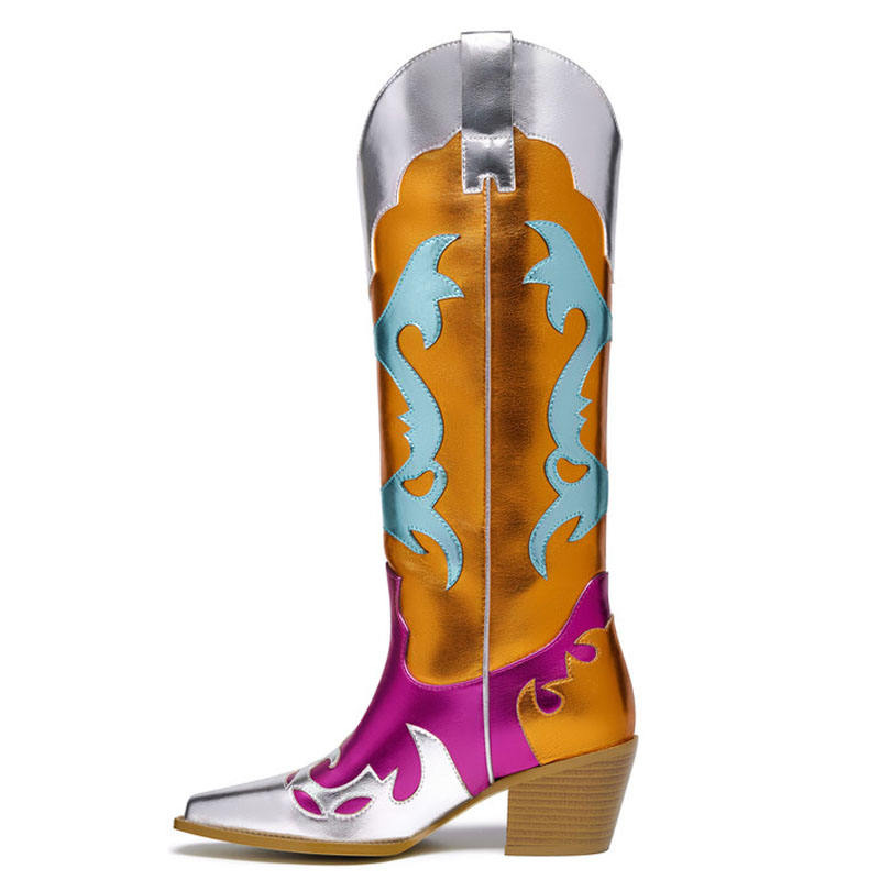 Western Style Pointy Toe Long Boots Women Square Heels Cowboy Shoes