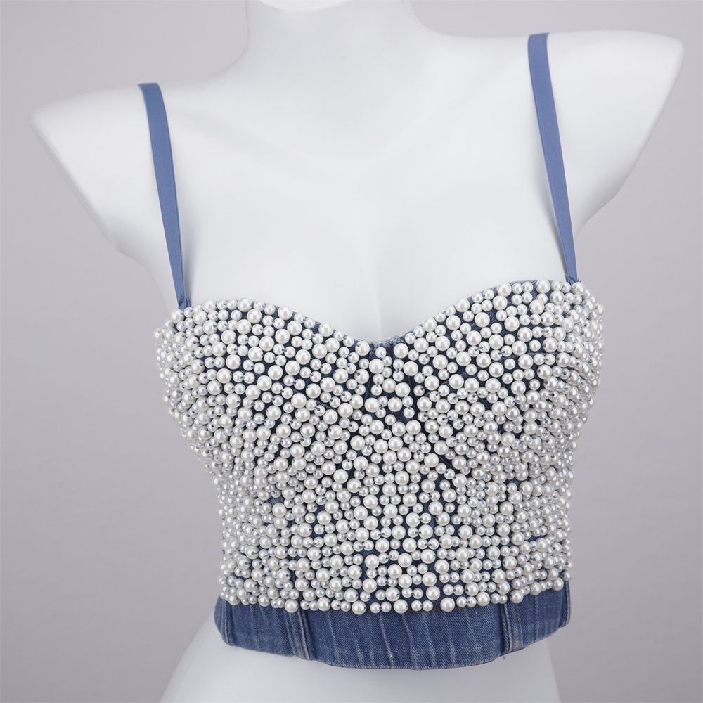 Denim Halter Crop Top Pearl Sexy Girl Series New Ourside Wear Women's Waistcoat Vest