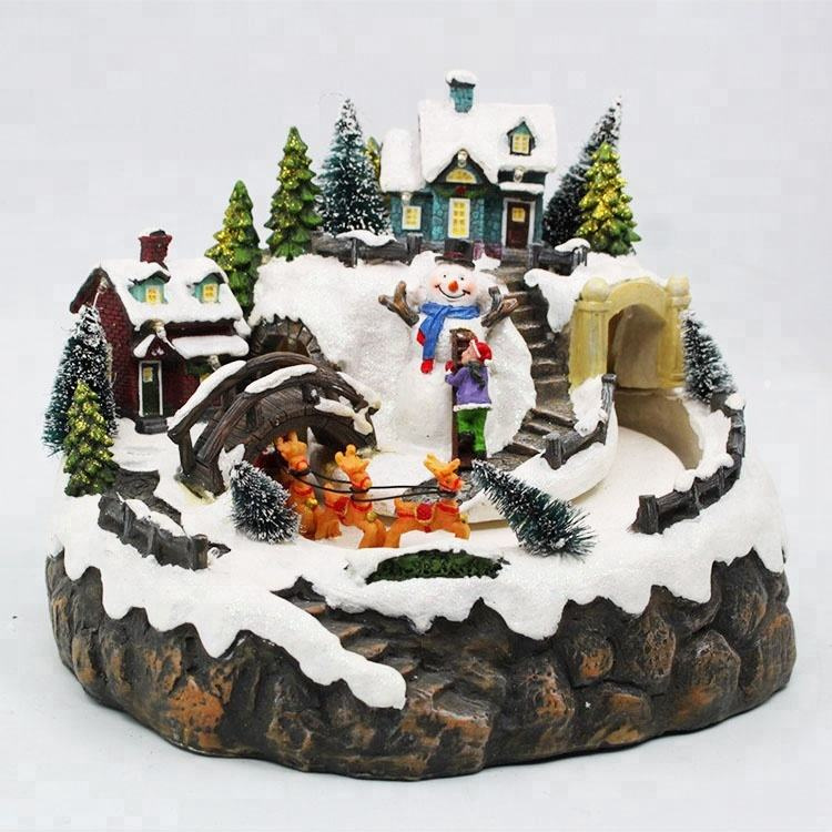 Warm White LED Light Snow Village Scene Polyresin Christmas Ornament