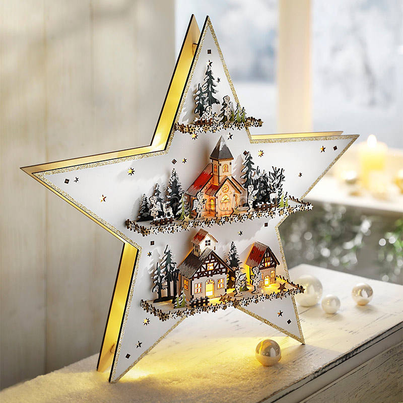 Star Shaped Wooden LED Light Lamp Kids Gift Wood Crafts for Home Decoration Christmas Motif Lights for Festive Appeal