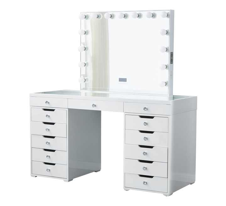 Factory OEM Hotel Bedroom Apartment 13 Drawers Cheapest Makeup Vanity Table Station with Lighted Mirror