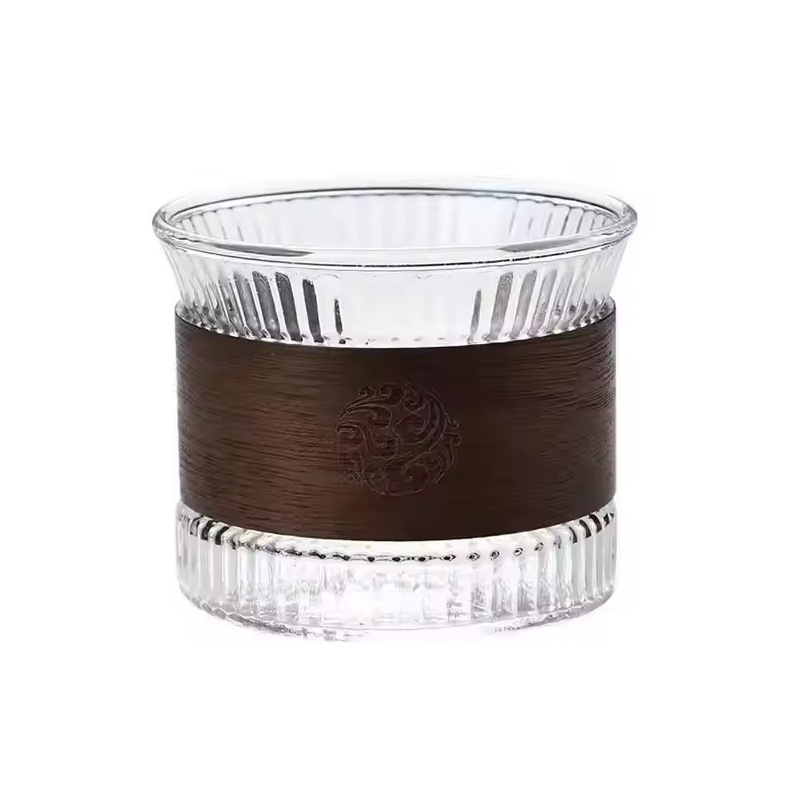 Factory Direct Sell Wholesale Wooden Ring Insulated Glass Milk Cup Hammer Vertical Grain Glass Tea Cup