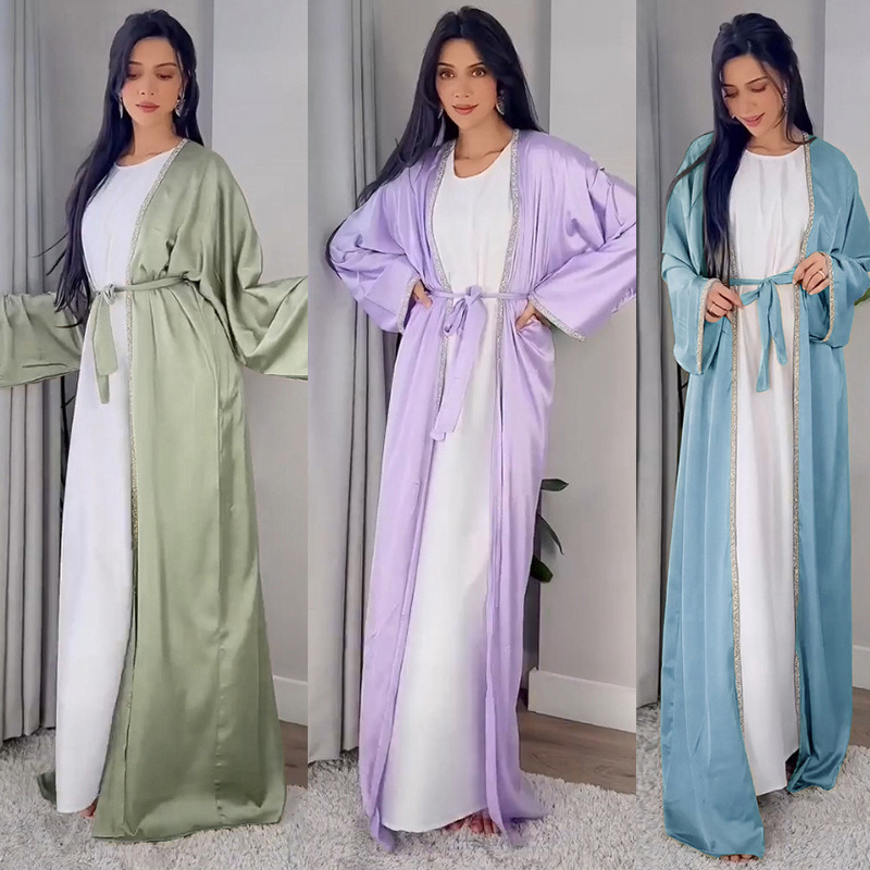 Weimei Wholesale in Turkey Satin Abaya Jalabiya Styles Companies Women Dubai Silk Kimono Longsleeve Maxi Dress 2PCS Set Coat and Inner Shortsleeve Dress