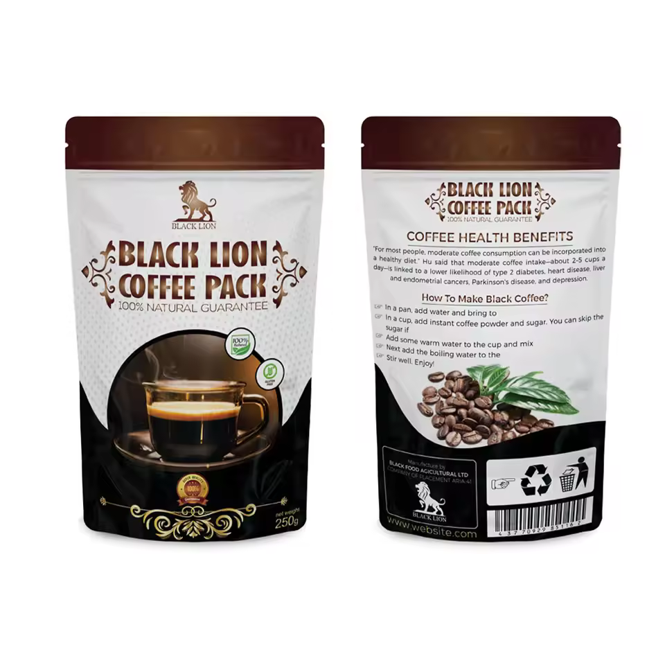 Three Side Zip Seal Aluminum Foil Food Grade Plastic Coffee Bags With Valve And Zipper