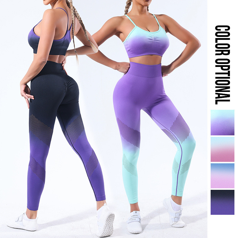 New Design 2PCS Set Peach Hip Training Clothes for Women, Ombre Seamless Workout Outfits High Waisted Yoga Leggings with Push up Sports Bra Gym Activewear