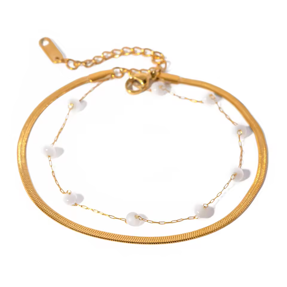 J&d 18k Gold Plated Stainless Steel Blade Chain Flat Snake Chain Round Shell Bead Anklet