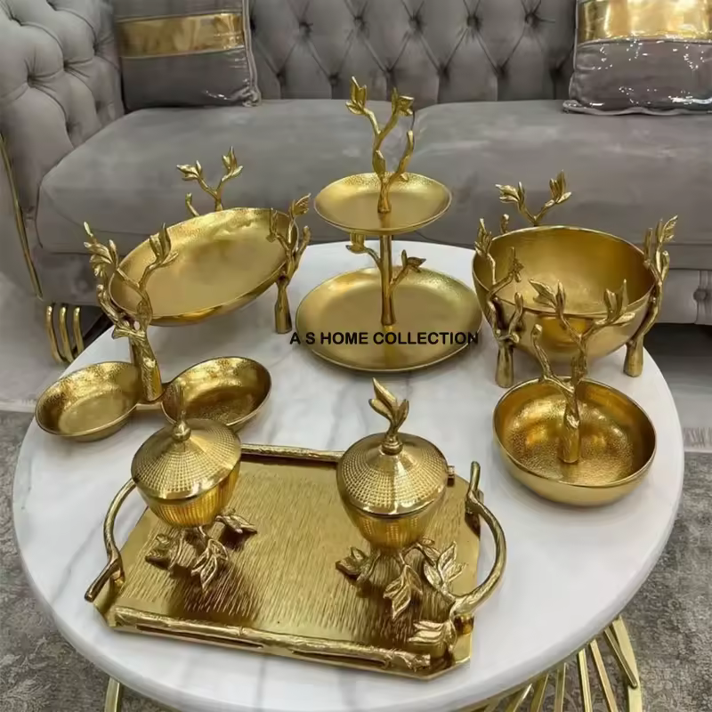 Golden Leaf Design 2025 Decorative Bowl Metal Home Decor Serving Tray With Jar And Serving Fruit And Nut Bowl