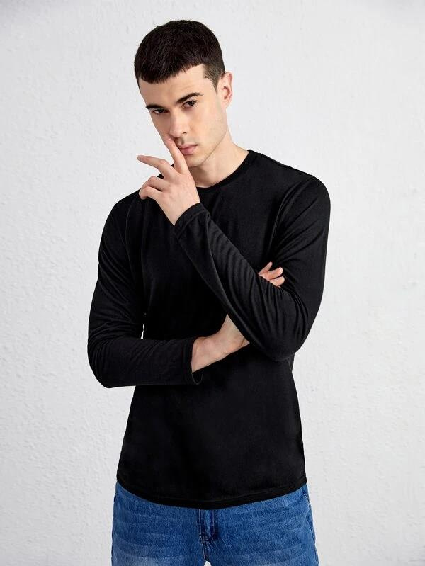 High Quality Wholesale Blank T Shirt Sustainable Basics Solid Color Black Polyester Men Marled Knit Round Neck Tee Long Sleeves T Shirt