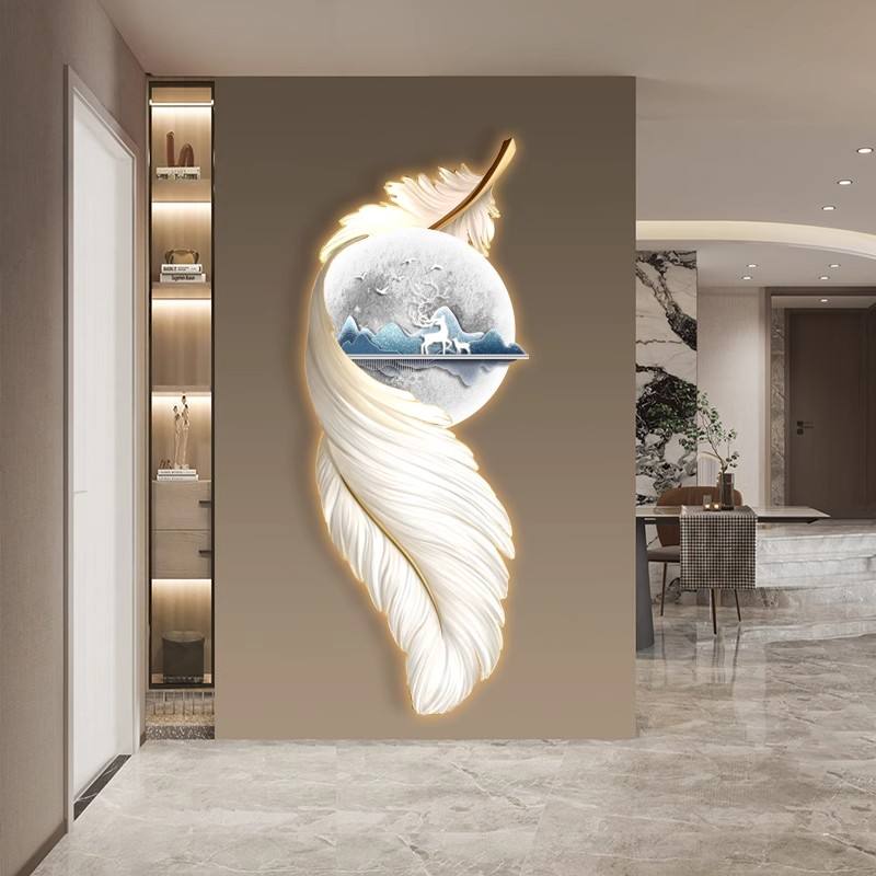 Modern Landscape Aisle LED Wall Art Crystal UV Printing Abstract Feather Painting Home Wall Decor Factory Direct Selling Hanging