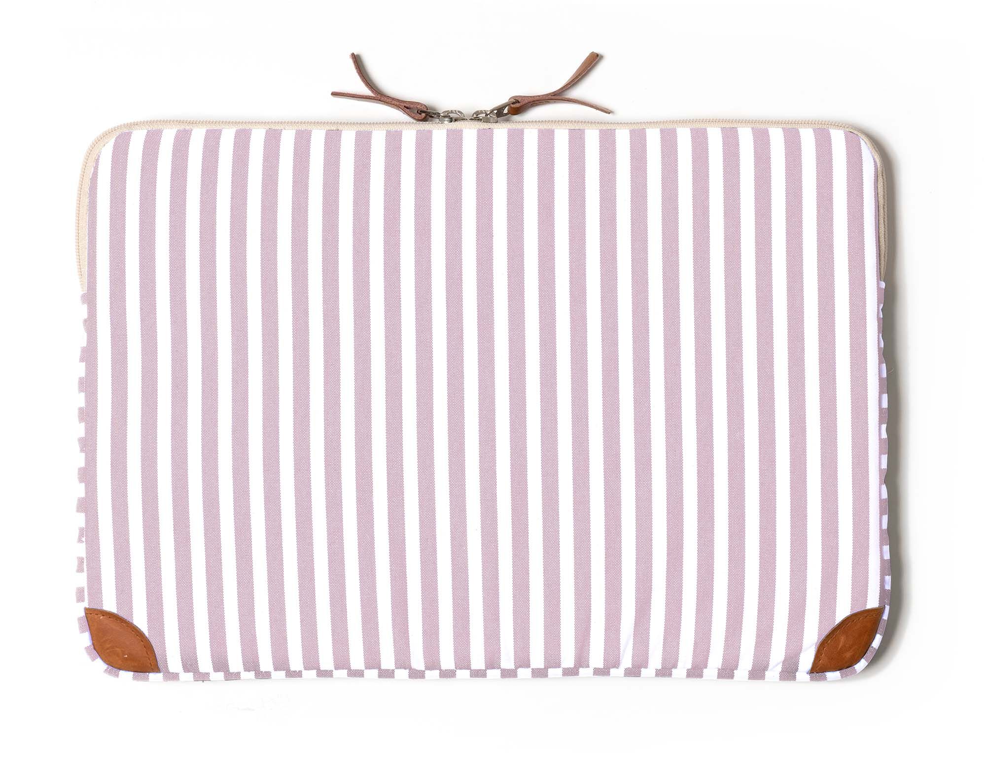 Pink - White Striped Laptop Sleeve with Leather Accents