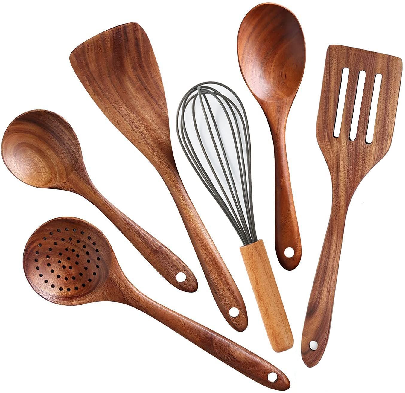 Natural Kitchen Bamboo Accessories Utensil Set 6 Piece Wooden Cooking Utensils with Spoon and Spatula and Whisk Household Items Ljy