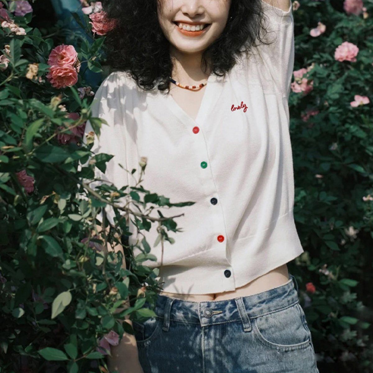 Vintage Sweet Contrasting Button V-Neck Cardigan Short Sleeved Knitted Pullover for Women