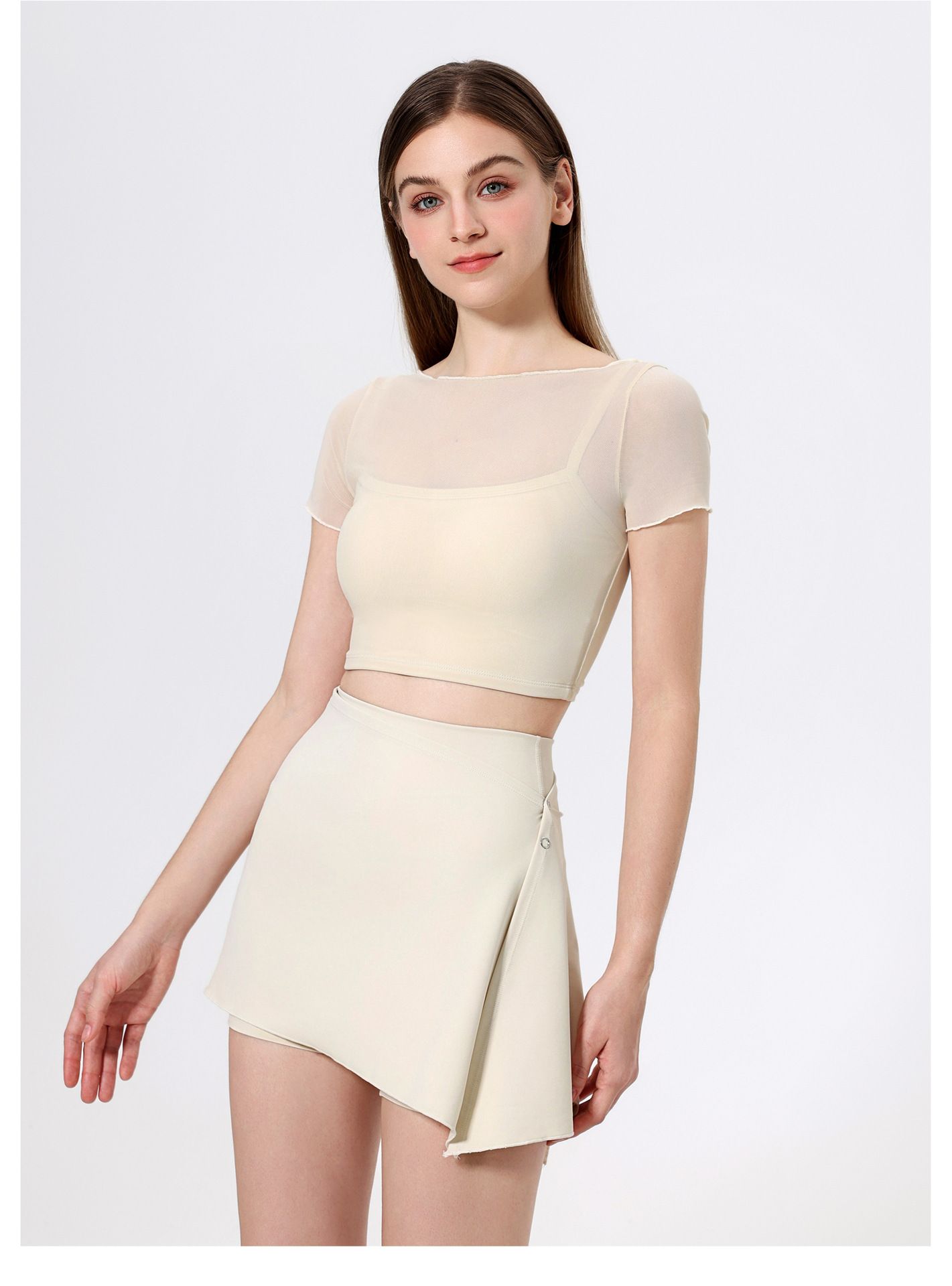 Fake Two Mesh Yoga Crop Women Removable Pads Quick Dry Cropped Sports Tee