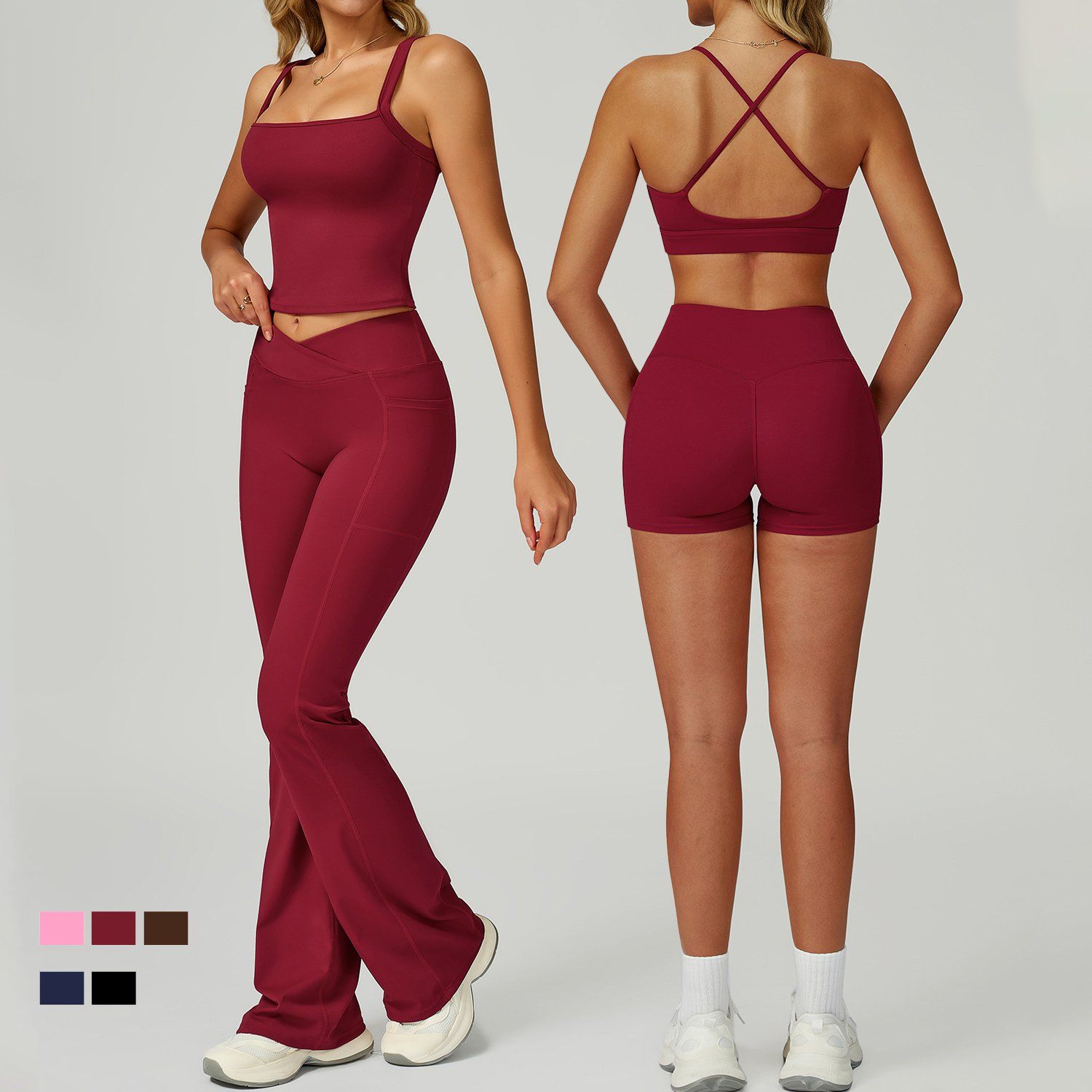 Shorts Apparel Garment 5 Piece Yoga Clothes for Women Cross Back Gym Bra with High Waisted Fitness Biker Shorts Matching Workout Active Wear Clothes