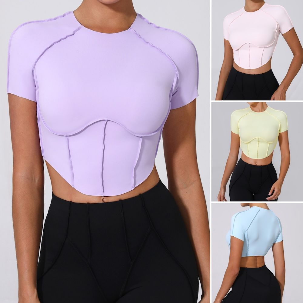 Tianchen Factory New Design Tight Fit Short Sleeve Workout T-Shirts with 3D Sewing Pattern, Modest Crewneck Cropped Fitness Tees Gym Yoga Crop Top for Woman