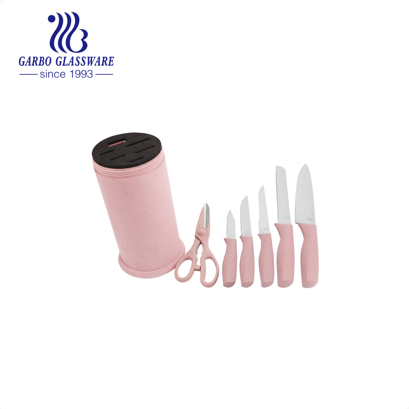 Colorful Wheat Straw Kitchen Tools Fruit Vegetable Chef Knife Set with Stand Cutting Meat with Holder