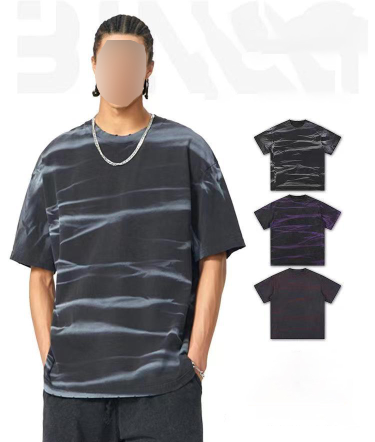Heavyweight Trendy Brand 2024 Spring/Summer 270g Washed & Stonewashed Bleach-Splattered Striped Short Sleeve Unisex Oversized T-Shirt"