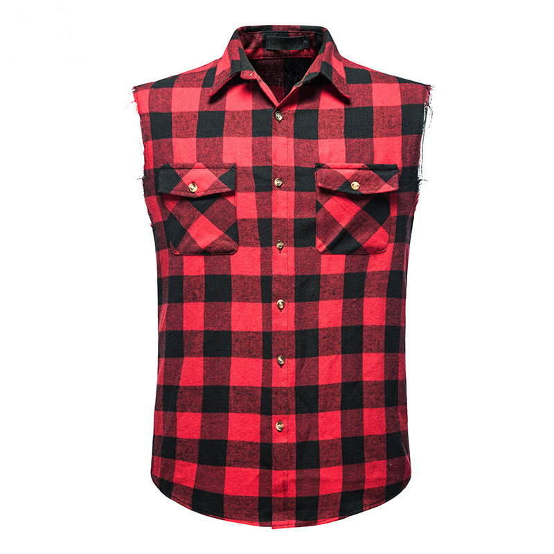 Men's Sleeveless Plaid Flannel Shirt Front Pocket Casual Street Vest Shirts