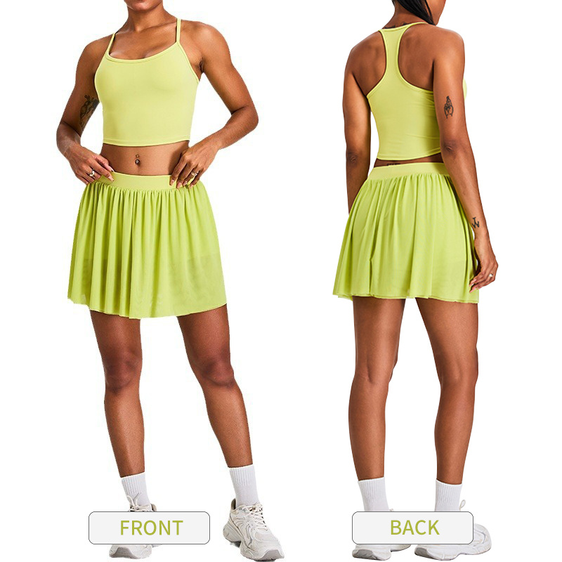 Tennis Yoga Skirt Set Crossover Spaghetti Strap High Waisted Golf Athletic Skorts Cutout Back Workout Crop Top