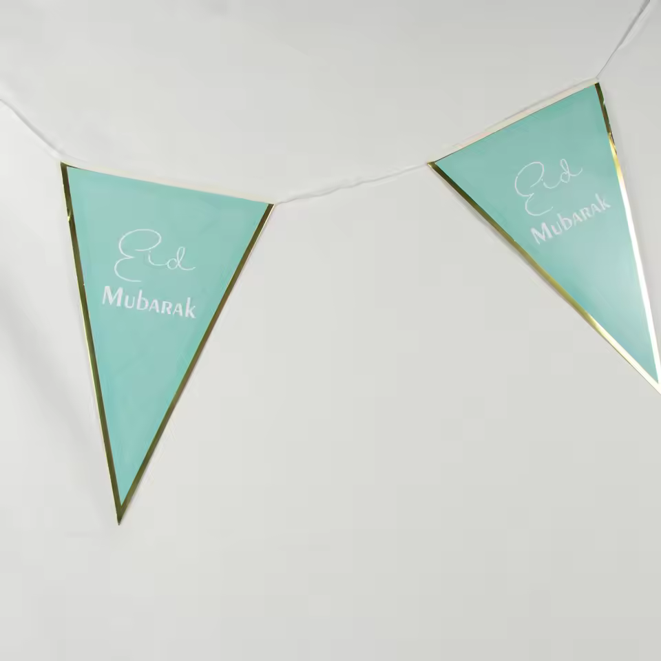 Muslim Paper Bunting 10pcs Flag Green Gold Foil Eid Mubarak Triangle Banner For Islam Eid Party Decoration