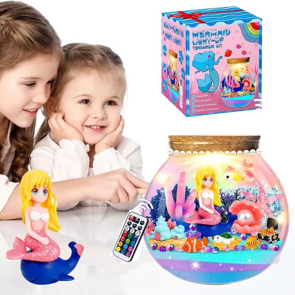 Jumon 2024 Best Selling Mermaid Terrarium Craft Kit For Kids Led Night Light Up Remote Mermaid Birthday Gifts Toys For Girls
