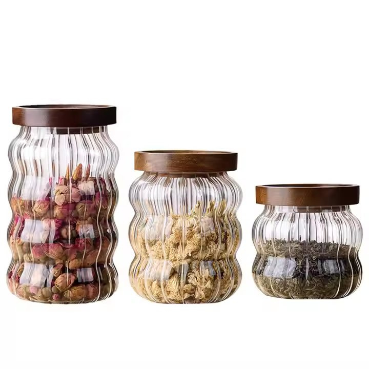 Glass Food Jars Bamboo Wood Lids 600ml 800ml 1000ml Portable Kitchen Storage Snack Candy Can Sealed for Party Occasions