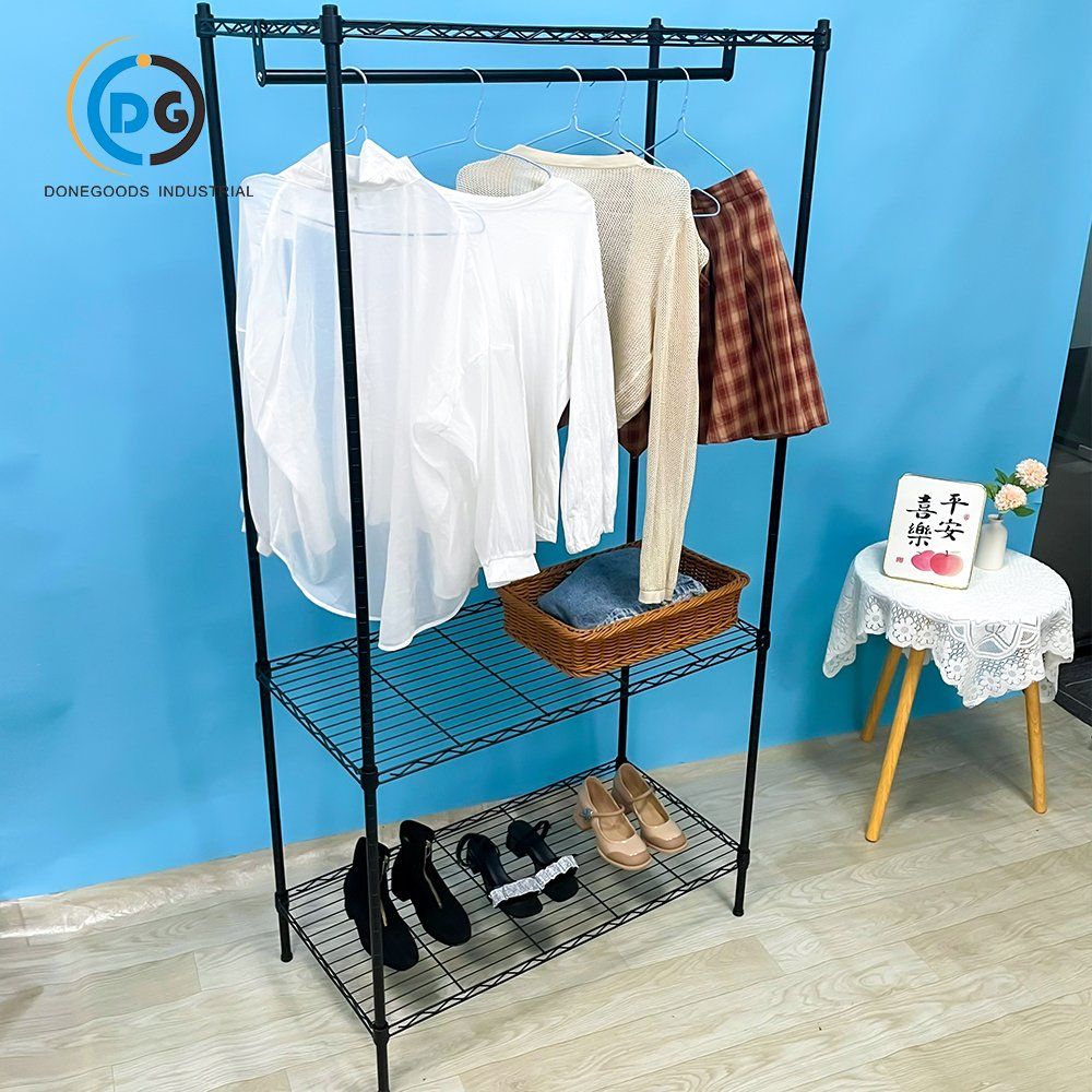 3 Tiers Metal Clothes Hanger Coat Rack Garment Closet Rack with Shelves