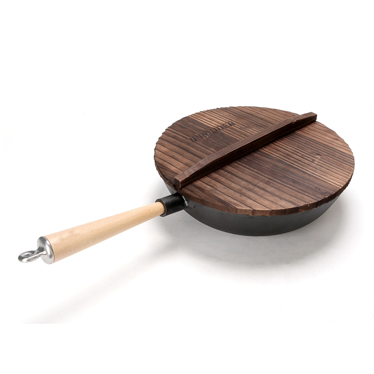 Cast Iron Wok Pan 14.2" Large Wok Stir Fry Pan Flat Bottom Wok with Lid and Wood Handle