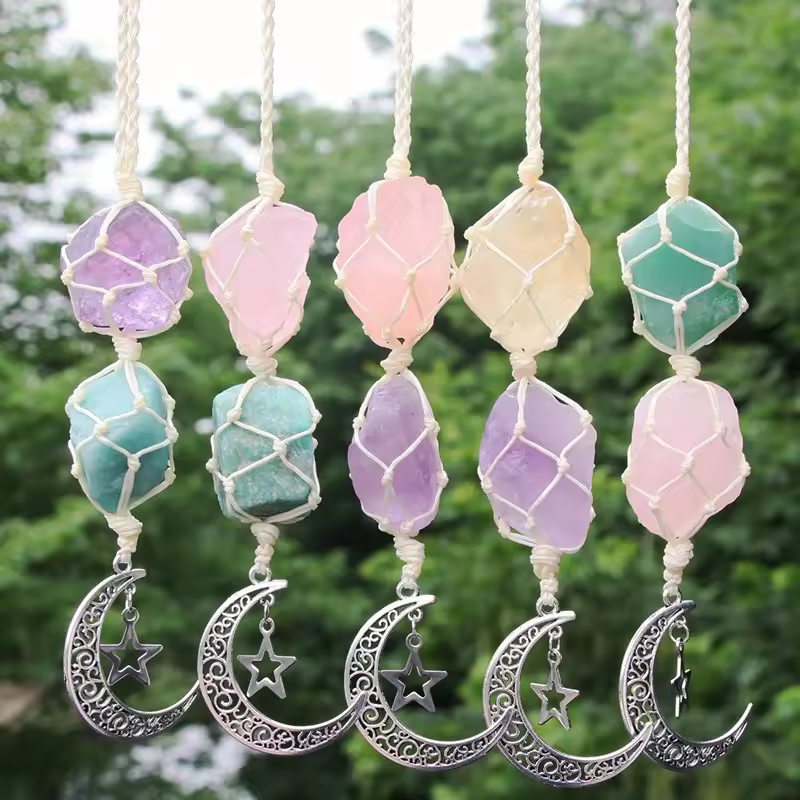 Wholesale Natural Handmade Healing Raw Crystal Rose Quartz Amethyst Citrine Jade Stone Car&indoor Hanging Ornaments