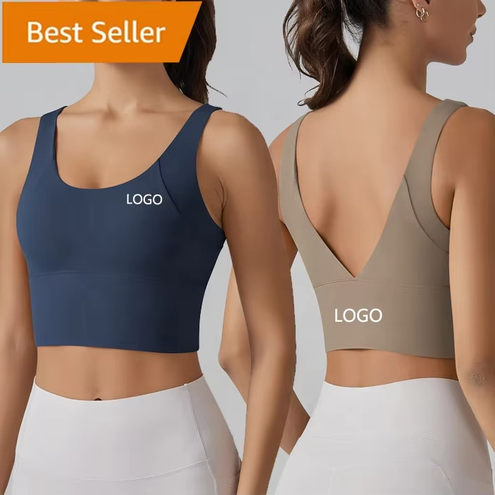 Women V-Back Permanent Cup Pad Running Longline High Impact Support Sport Yoga Workout Fitness Bras Tank Crop Top Sports Bra