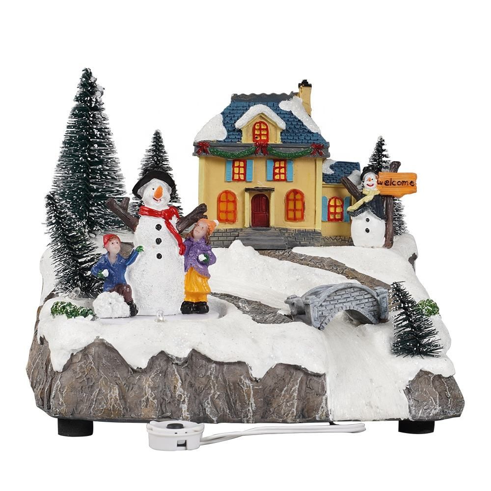 Holiday Ornament Xmas Scene Resin Fiber Optic Christmas Village with Mult Color LEDs Lights
