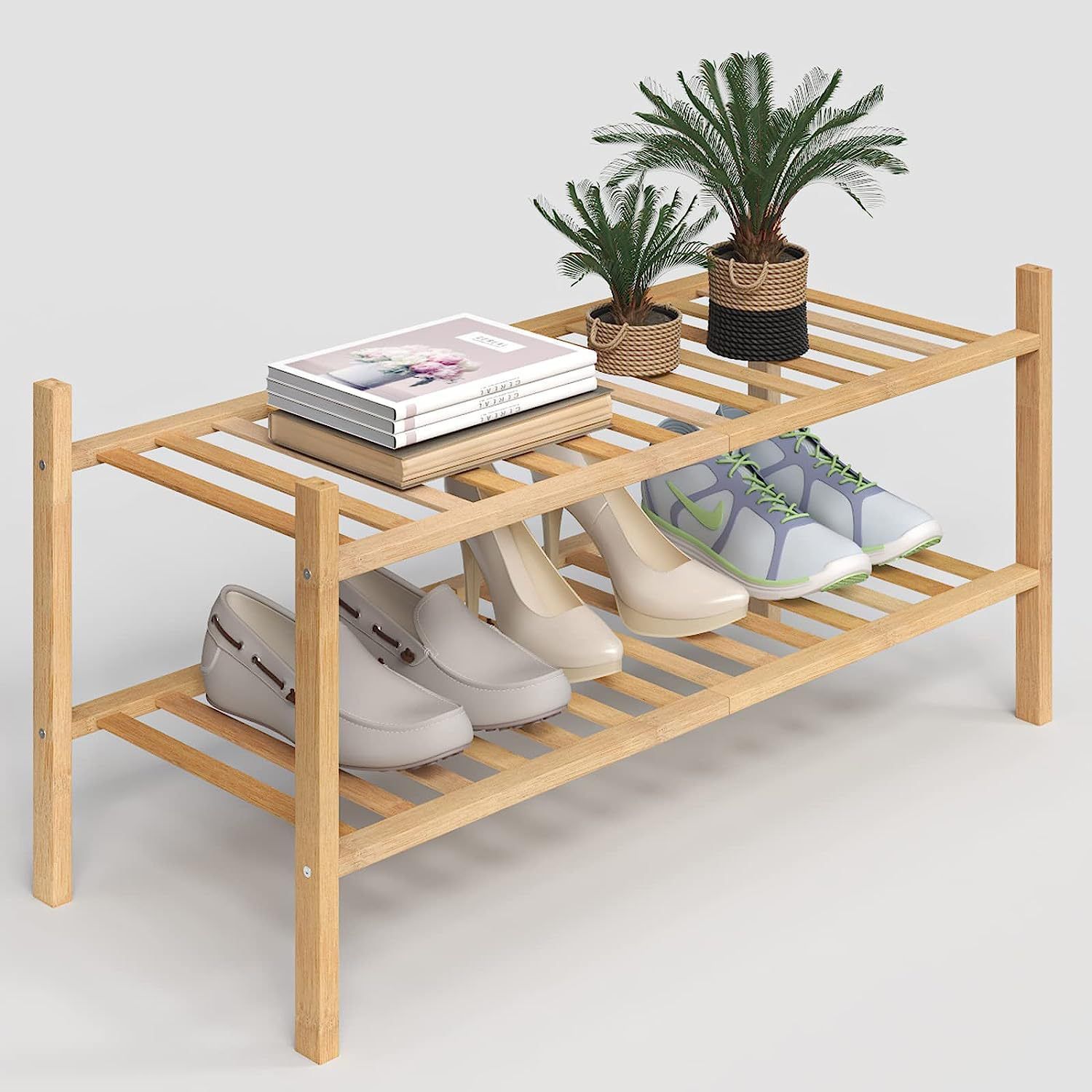 2 Tier Stackable Bamboo Wood Shoe Shelf Storage Organizer for Entryway