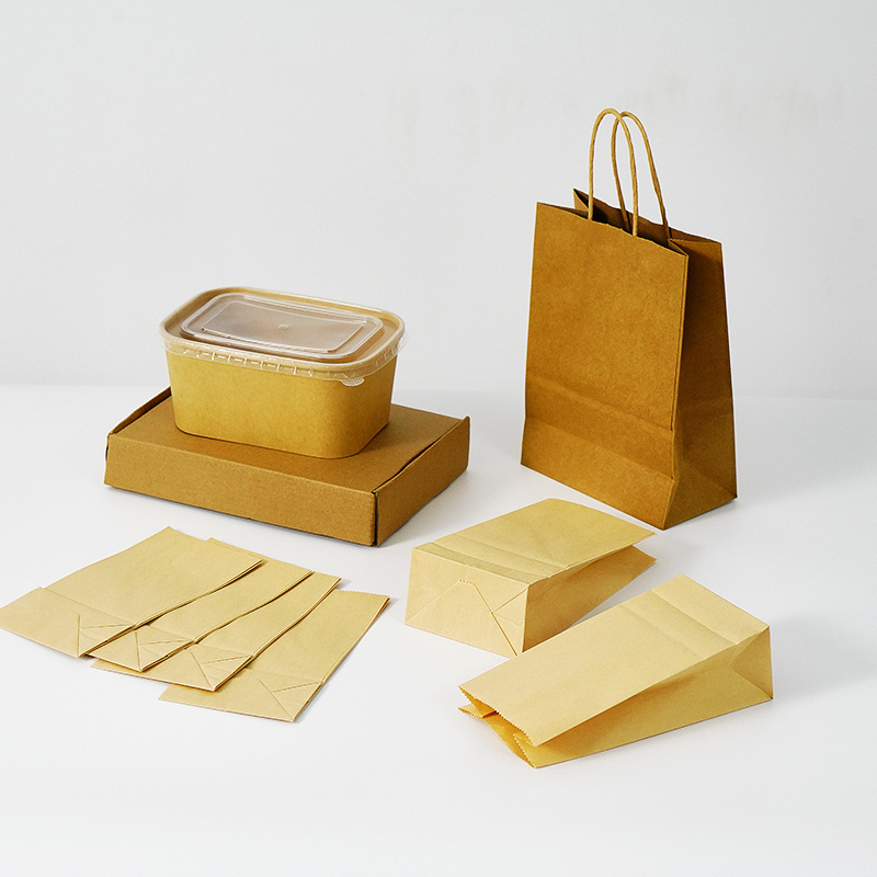Stock Kraft Paper Bag Natural Color with Scalper Leather Tote Design for Take-out Coffee Cake Clothing Promotions