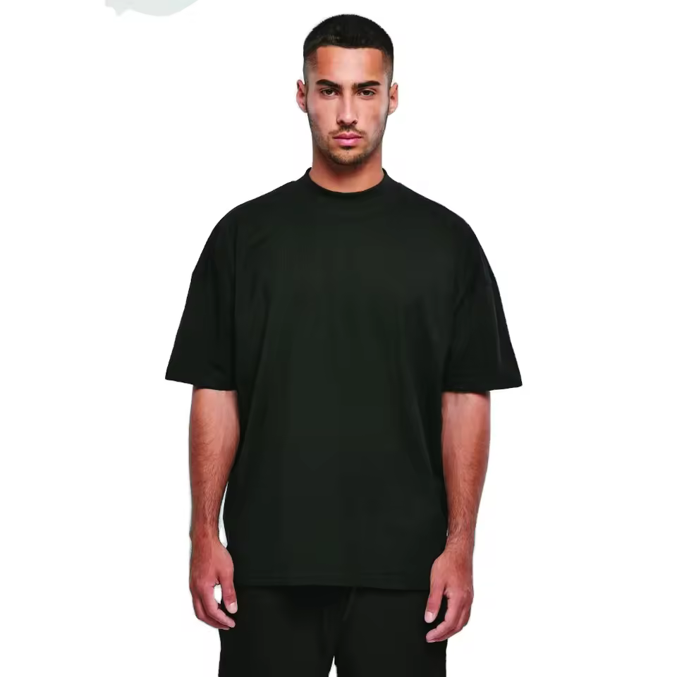 Premium Quality Men's Oversized Boxy Fit T-shirt Drop Shoulder Mock Neck Solid Long Knitted Fabric Breathable Eco-friendly