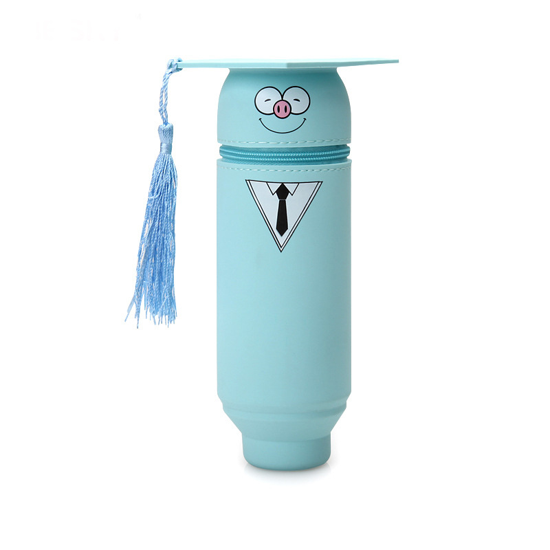 Novel Boy Girls Silicone Animal Shape Pencil Case Silicone Round Pen Holder Children Creative Blue Pen Holder with Doctor Hat