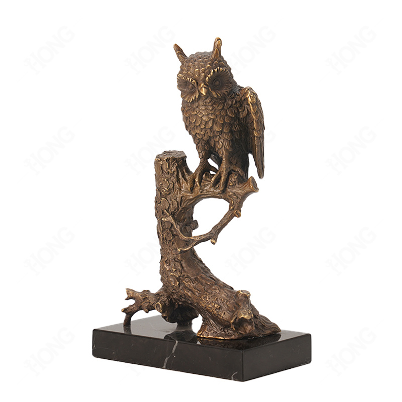 Bronze Owl Sculpture Perched on Tree Branch