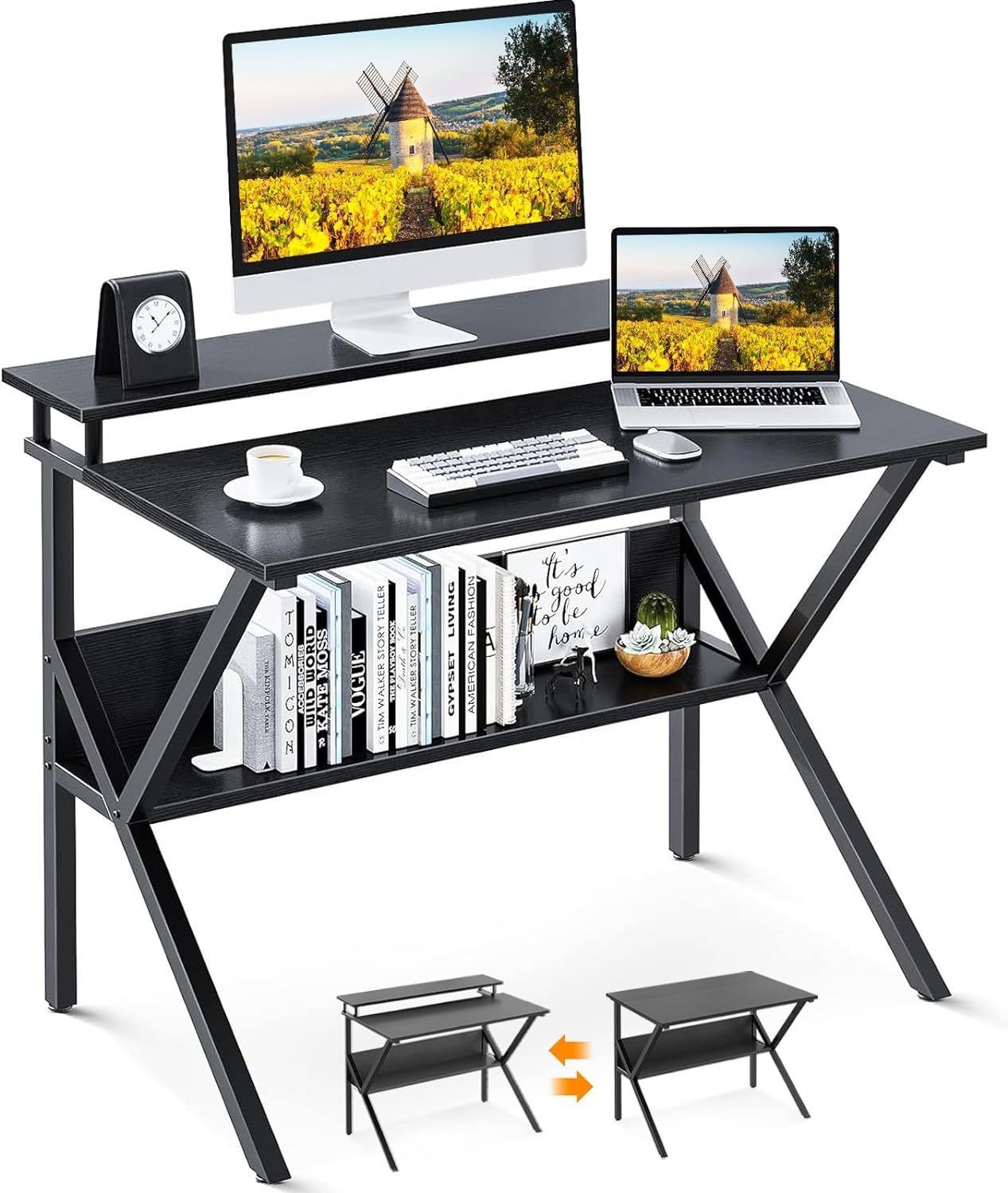 Small Spaces Computer Desk with Monitor Stand Wooden and Metal for Home Office Bedroom or Living Room