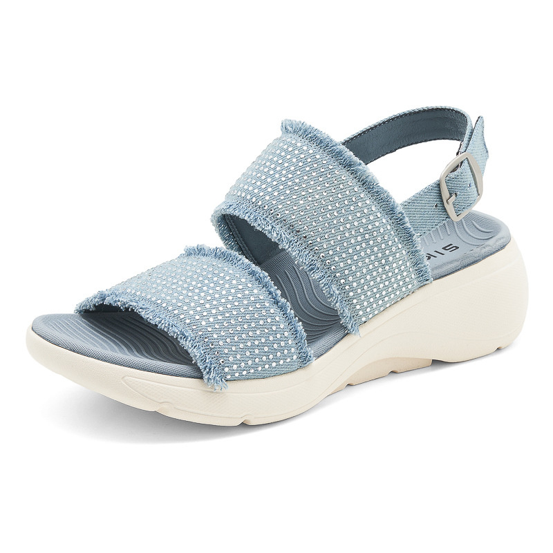 New Arrivals Ladies Summer Slipper Shoes Rhinestone Ankle Strap Wedge Heel Sport Sandals for Women