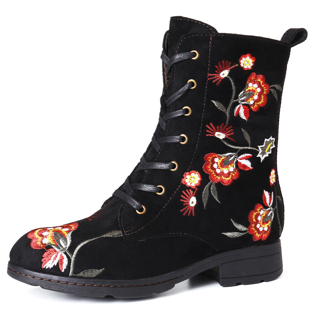 Embroidered Flower Handmade Lace up Boots Bohemian Gardening Shoes