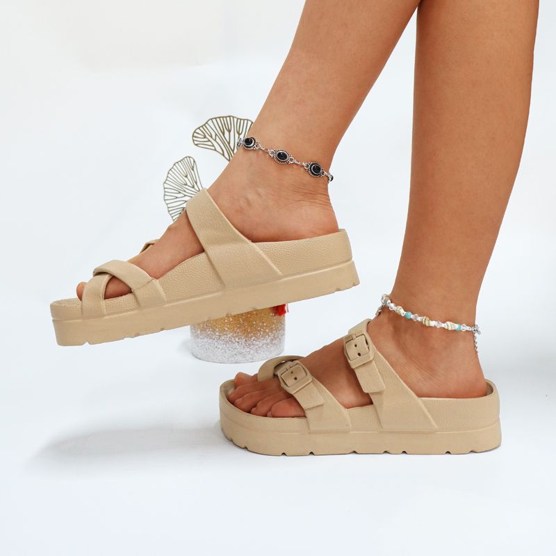 Women's Solid Color Slide Sandals, Casual Loop Toe Flat Summer Shoes, Lightweight Buckle Strap Design Shoes