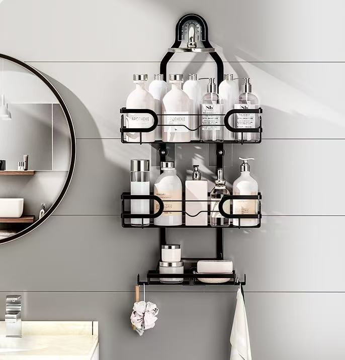 Wall Mounted Luxury Light Metal Bathroom Storage Rack Free Punch Hole Shower Head Hanger with Shower Gel Storage Box