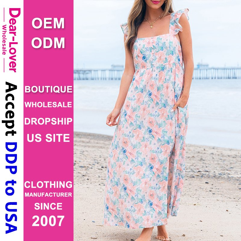 Dear-Lover Wholesale Local Us Stock Import Tariffs Included Floral Print Square Neck Backless Long Dress with Slit
