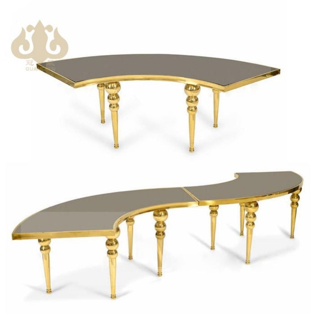 Banquet Hotel Furniture Round Circles Black Glass Gold Stainless Steel Crescent Party Event Dining Wedding Table