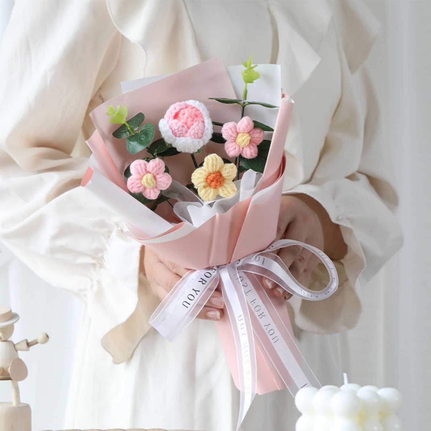 Handmade Wool Crochet Bouquet Women Girls Gift Crochet Flower Rose Tulip