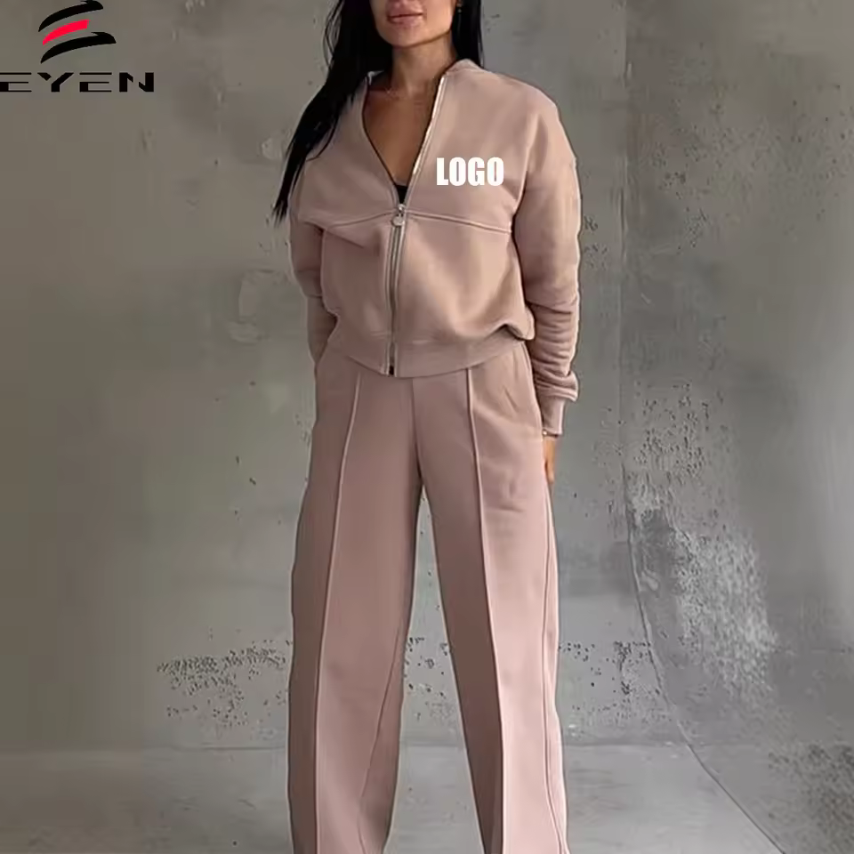 Conyson Hot Sale Fashion Autumn Lady Custom Logo Leisure Clothing Suit Wholesale Zip Solid Cardigan Pants 2pcs Women Clothes Set