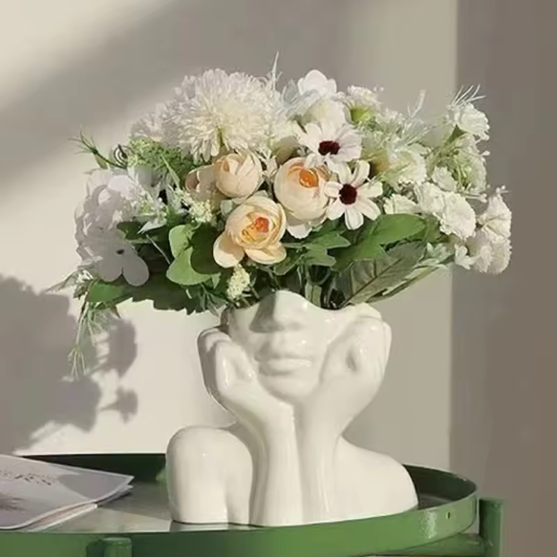 Hot Selling Creative Sculpture Abstract Body Art Plant Flower Pot Home Decor White Vase Human Face Ceramic Flower Vase