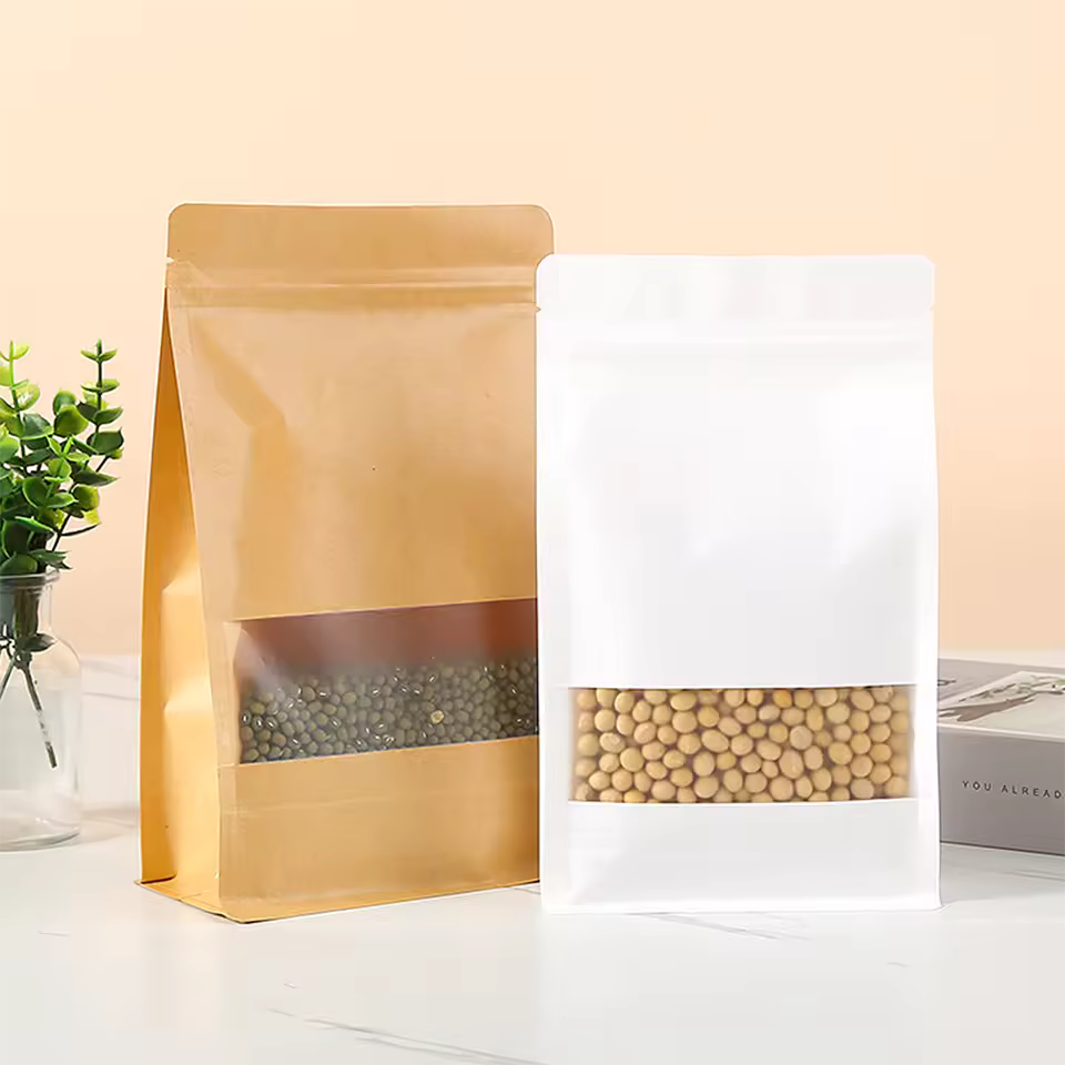 Customizable Eight-sided Sealed Original White Kraft Paper Packaging Flat-bottomed Stand-up Pouch