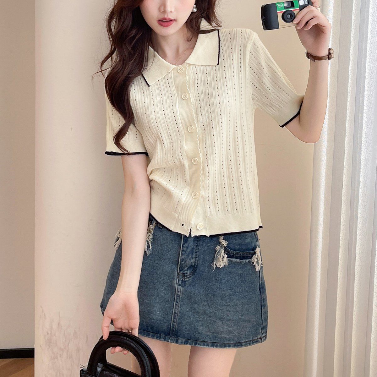 Minimalist Style Lapel Single Breasted Short Sleeved Cardigan Knitted Pullover for Women